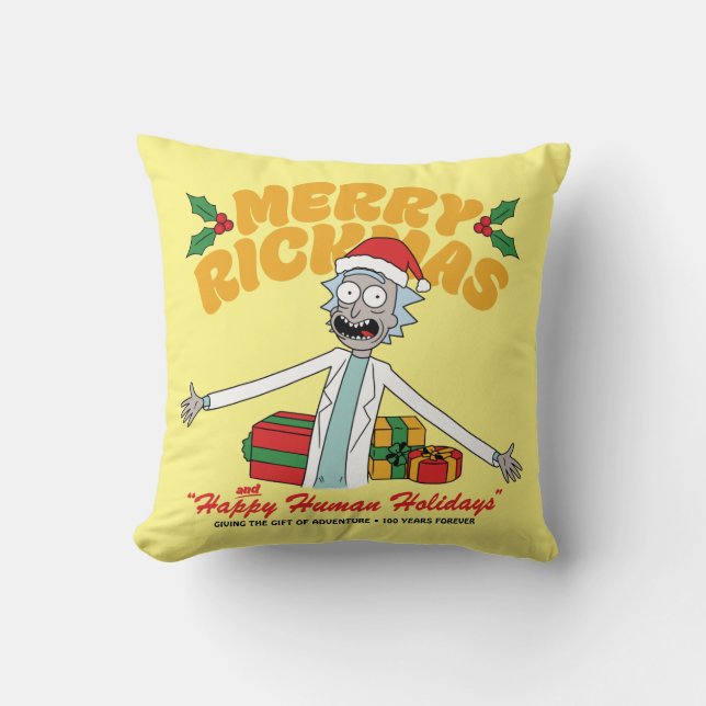 Merry Rickmas and Happy Human Holidays Throw Pillow (Front)