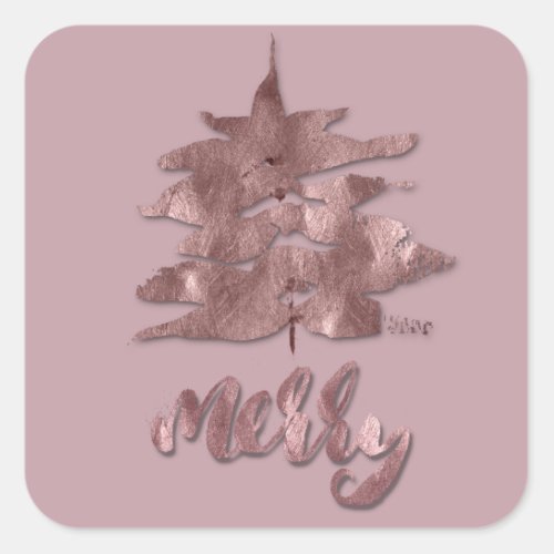Merry Rose Gold Mauve Christmas Tree Metallic Copp Square Sticker
