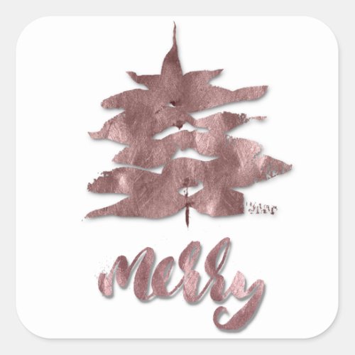 Merry Rose Gold Mauve Christmas Tree White Bronze Square Sticker