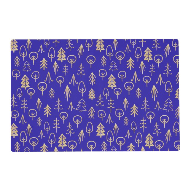 Merry Royal Blue Gold Botanical Pattern Placemat (Front)