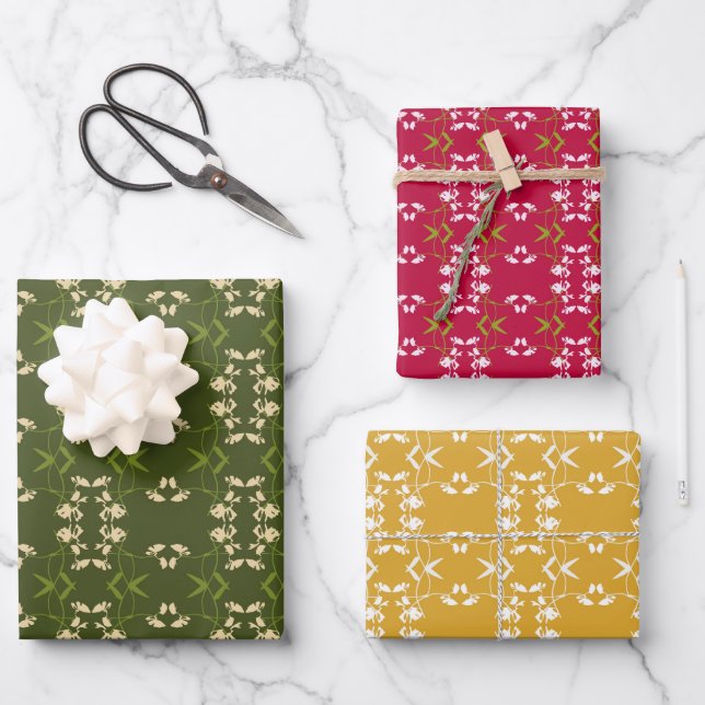 Merry Royal Botanical Festive Green Red Gold Wrapping Paper Sheets (Front)