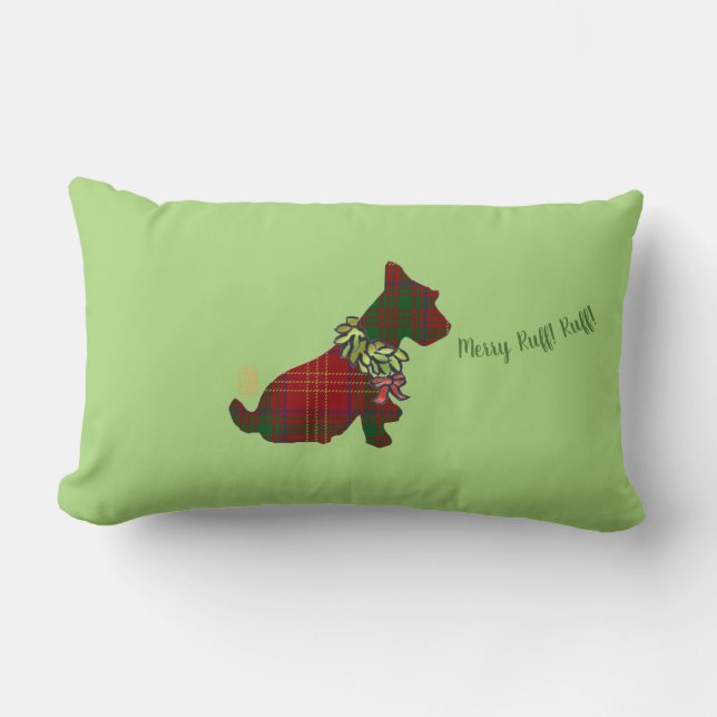 Merry Ruff! Ruff! Wee Scottie Dog 13" x 21"  Lumbar Pillow (Front)