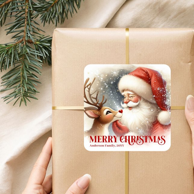 Merry Santa Claus Rudolph Personalized Kids Holida Square Sticker (Merry Santa Claus Rudolph Personalized Kids Holiday Sticker

)