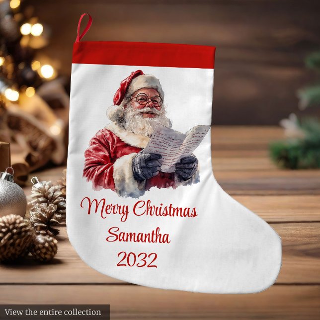 Merry Santa Claus Rustic Custom Name Editable  Large Christmas Stocking (Merry Santa Claus Rustic Custom Name Editable Stocking)