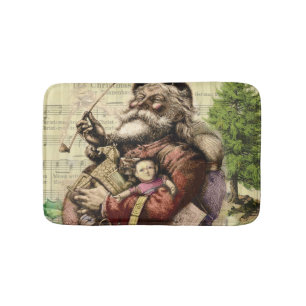 Merry Santa Claus Tree Classic Illustration Bathroom Mat