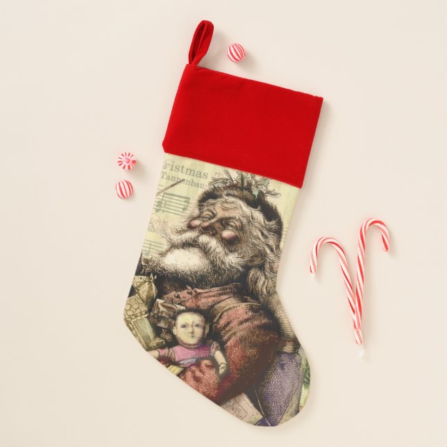 Merry Santa Claus Tree Classic Illustration Christmas Stocking (Front)