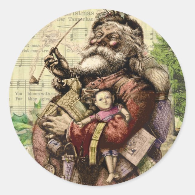 Merry Santa Claus Tree Classic Illustration Classic Round Sticker (Front)