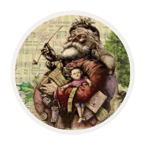 Merry Santa Claus Tree Classic Illustration Edible Frosting Rounds