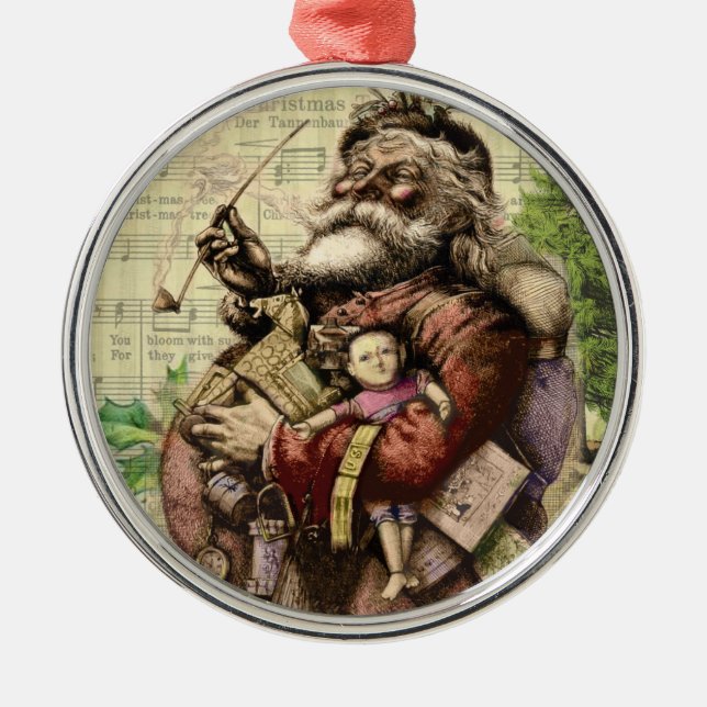 Merry Santa Claus Tree Classic Illustration Metal Ornament (Front)