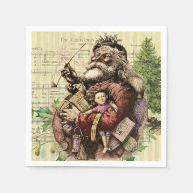 Merry Santa Claus Tree Classic Illustration Napkins (Front)