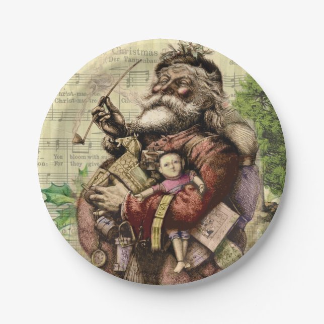 Merry Santa Claus Tree Classic Illustration Paper Plates (Front)