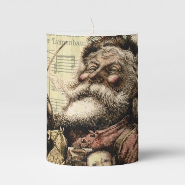 Merry Santa Claus Tree Classic Illustration Pillar Candle (Front)