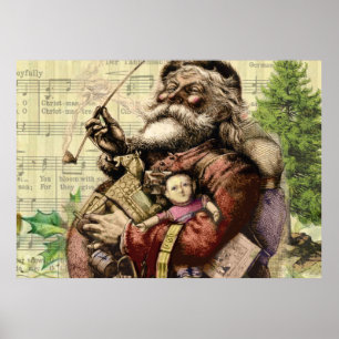 Merry Santa Claus Tree Classic Illustration Poster