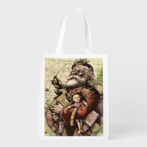 Merry Santa Claus Tree Classic Illustration Reusable Grocery Bag