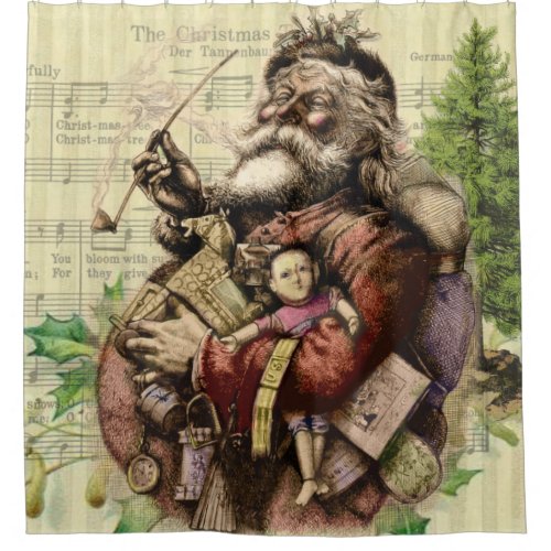 Merry Santa Claus Tree Classic Illustration Shower Curtain