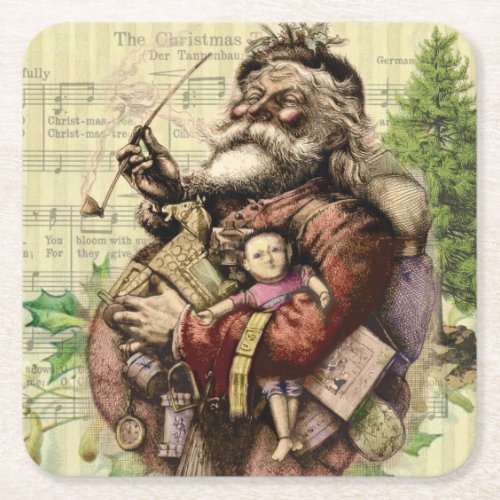 Merry Santa Claus Tree Classic Illustration Square Paper Coaster