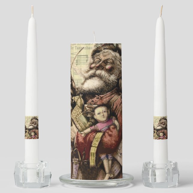 Merry Santa Claus Tree Classic Illustration Unity Candle Set (Front)