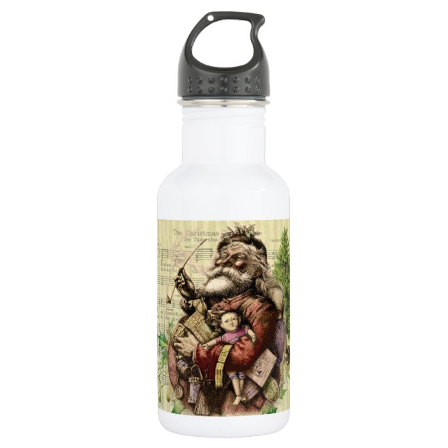 Merry Santa Claus Tree Classic Illustration Water Bottle (Front)