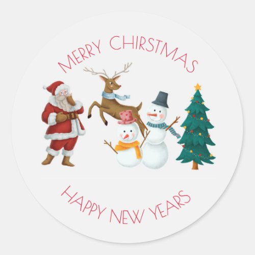 Merry Santa Deer Snowman Christmas Vintage  Classic Round Sticker