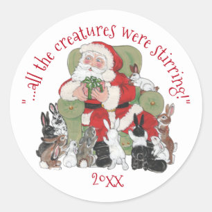 Merry Santa, Pet Bunny Rabbit Christmas Vintage Classic Round Sticker