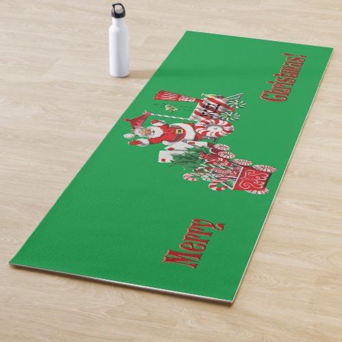 Merry Santa Riding Peppermint Candy Train Letters Yoga Mat