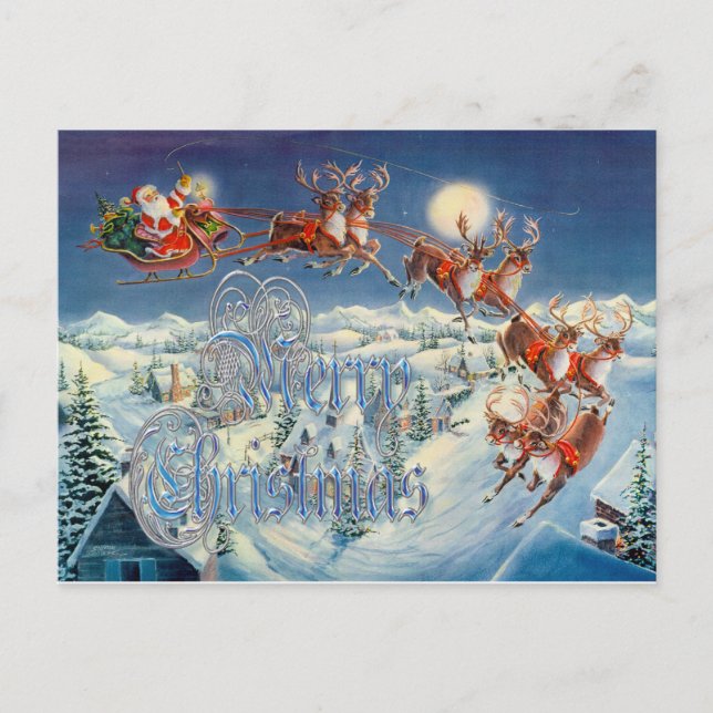 "MERRY SANTA, SLEIGH & REINDEER by SHARON SHARPE Holiday Postcard (Front)