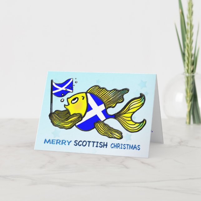 MERRY SCOTTISH CHRISTMAS fish holding flag CARD (Front)