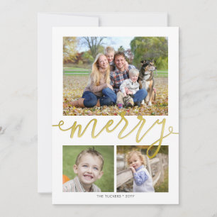 MERRY Script 3-photo Snowflakes on Gold Christmas Holiday Card