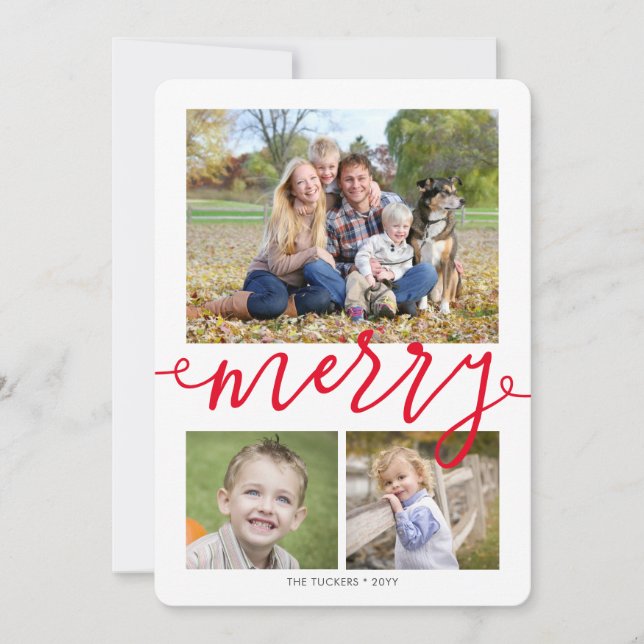 MERRY Script 3-photo Snowflakes Red Christmas Holiday Card (Front)