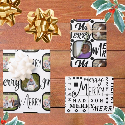 MERRY Script Black On White 4 Photo Christmas Wrapping Paper Sheets