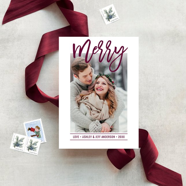 Merry Script Burgundy Snowflake Photo Holiday Card (Creator Uploaded)