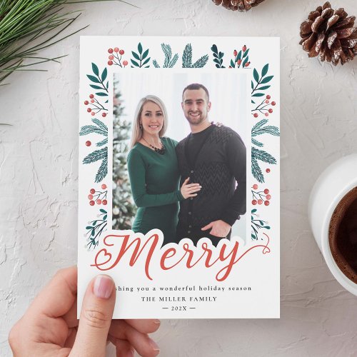 Merry Script Christmas Berry Holly and Pine Photo Holiday Card
