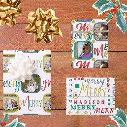 MERRY Script Colorful On White 4 Photo Christmas Wrapping Paper Sheets