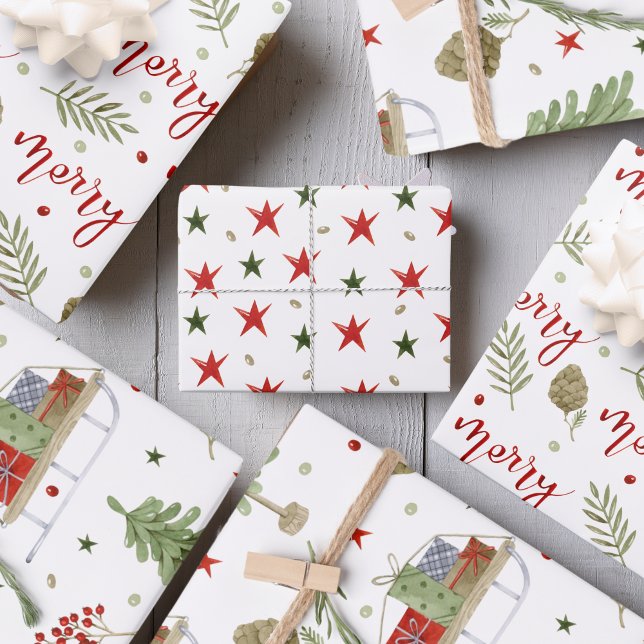 "Merry" script, Cozy Sleigh Scenes, Stars Wrapping Paper Sheets ("Merry" script, Cozy Sleigh Scenes, Stars Wrapping Paper Sheets)