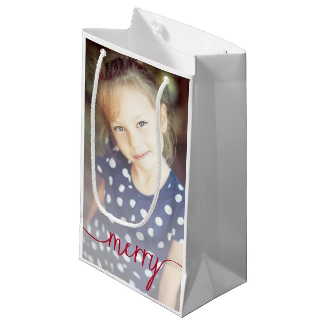Merry Script Custom Photo Gift Bag / Red (Front Angled)
