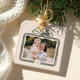 Merry Script Elegant Christmas Bow Photo Keepsake Ceramic Ornament