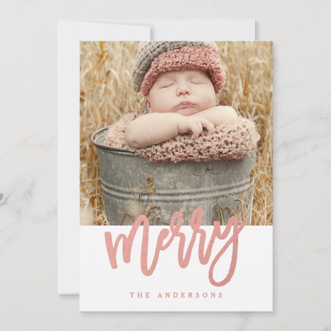 Merry Script Faux Rose Gold Foil Holiday Photo (Front)