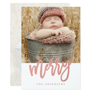 Merry Script Faux Rose Gold Foil Holiday Photo Card