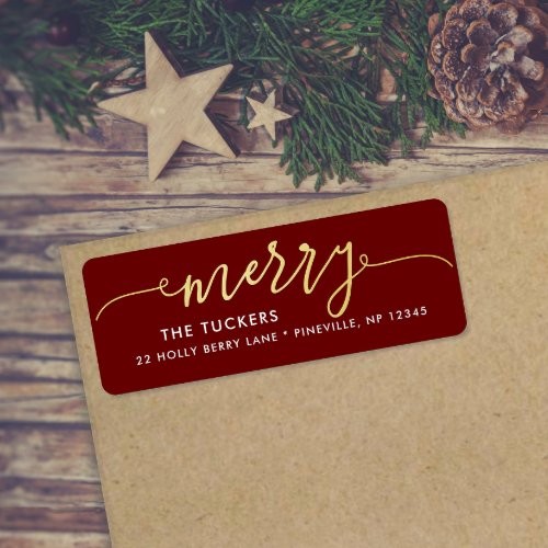 MERRY Script Gold Foil Dark Red Christmas Address Label