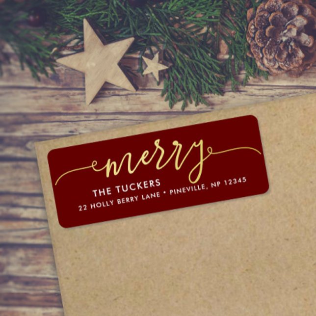 MERRY Script Gold Foil Dark Red Christmas Address Label (Creator Uploaded)