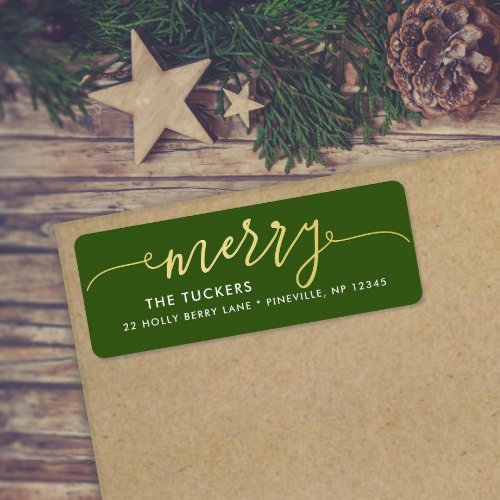 MERRY Script Gold Foil Green Christmas Address Label