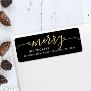 MERRY Script Gold Foil on Black Christmas Address Label