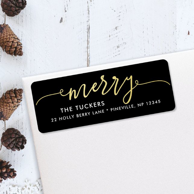 MERRY Script Gold Foil on Black Christmas Address Label (Creator Uploaded)