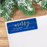 MERRY Script Gold Foil on Blue Christmas Address Label<br><div class="desc">This simple design features the festive greeting "merry" in faux gold foil. Click the customize button for more flexibility in modifying/adding text/photos and design elements! Variations of this design as well as coordinating products are available in our shop, zazzle.com/store/doodlelulu. Contact us if you need this design applied to a specific...</div>