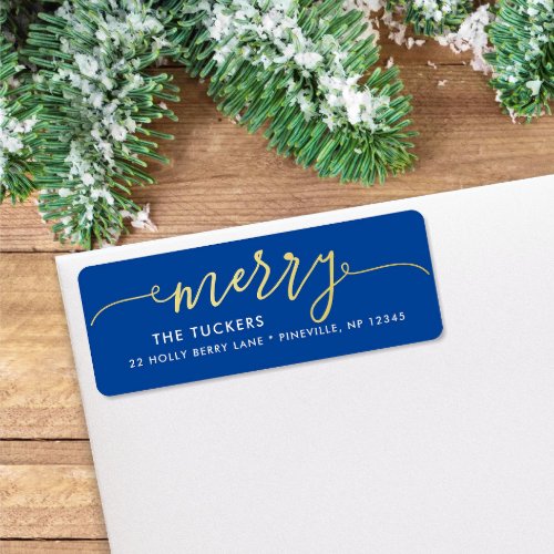 MERRY Script Gold Foil on Blue Christmas Address Label