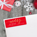 MERRY Script Gold Foil on Red Christmas Address Label<br><div class="desc">This simple design features the festive greeting "merry" in faux gold foil. Click the customize button for more flexibility in modifying/adding text/photos and design elements! Variations of this design as well as coordinating products are available in our shop, zazzle.com/store/doodlelulu. Contact us if you need this design applied to a specific...</div>