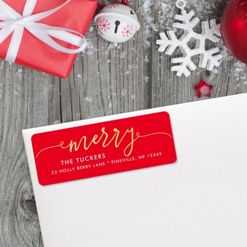 MERRY Script Gold Foil on Red Christmas Address Label
