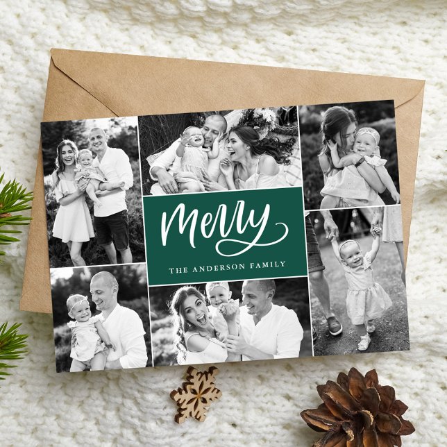 Merry Script Green Christmas 6 Photo Collage Holiday Card (Creator Uploaded)