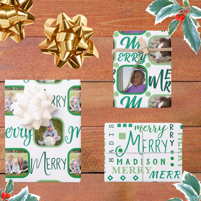 MERRY Script Green On White 4 Photo Christmas Wrapping Paper Sheets (Creator Uploaded)