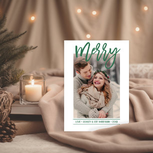 Merry Script Green Snowflake Photo Holiday Card